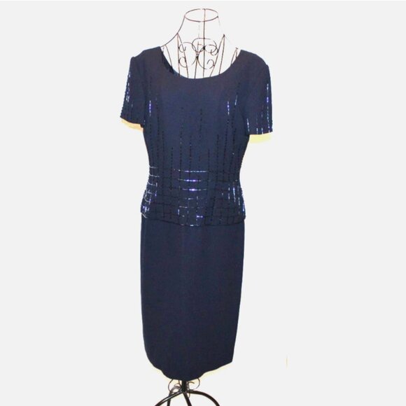 Navy Blue Cocktail Dress Sz 6 with Sequins Christmas Holiday Party Talbots - Picture 2 of 6